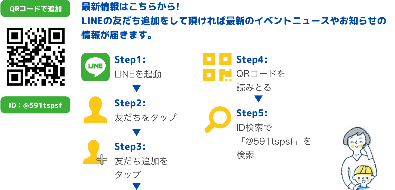 最新情報はこちらから！LINEの友だち追加をしていただければ最新のイベントニュースやお知らせの情報が届きます。LINE IDは@591tspsf